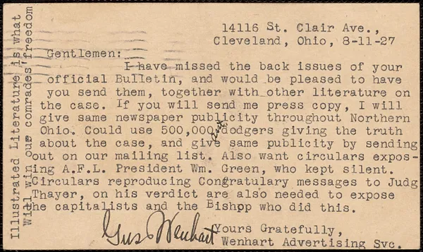 Gus Wenhart typed note signed (postcard) to Sacco-Vanzetti Defense Committee, Cleveland, Ohio., August 11, 1927