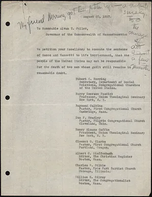 Hubert C. Herring et al typed petition (copy) to Alvan T. Fuller, August 20, 1927