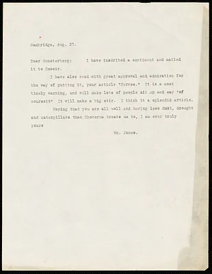 James, William, 1842-1910 typed letter signed to Hugo Münsterberg, Cambridge, Mass., 27 August