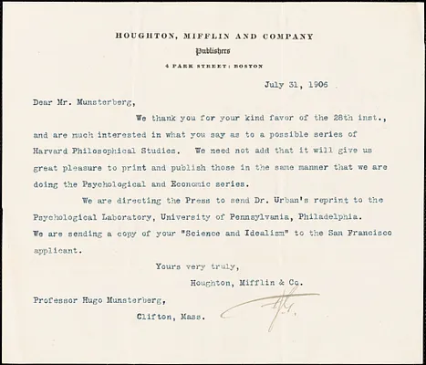 Greenslet, Ferris, 1875-1959 typed letter signed to Hugo Münsterberg, Boston, 31 July 1906
