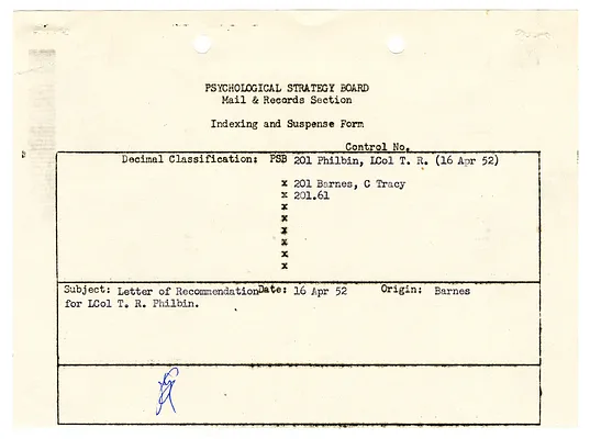 Memorandum for the Record re Recommendation of Lieutenant Colonel T. R. Philbin, with Attachments