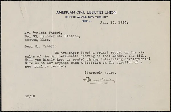 Forrest Bailey (American Civil Liberties Union) typed letter signed. to Amleto Fabbri, New York, New York, January 15, 1926