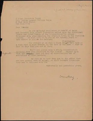 Sacco-Vanzetti Defense Committee typed letter (copy) to the International Ladies Garment Union, General Executive Board, Boston, Mass., [May? 1922?]
