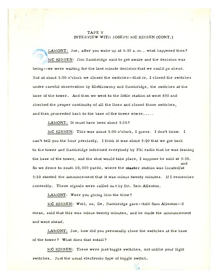Transcript of Lansing Lamont Interview with Scientist Joseph McKibben and Dr. Norris Bradbury, Director of Los Alamos Laboratory (Tape V)