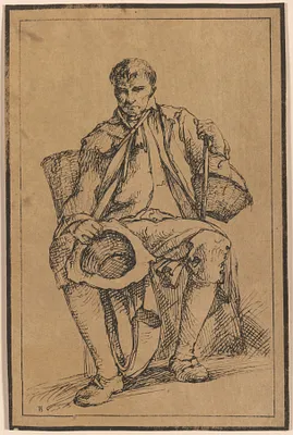 Forty Lithographic Impressions from Drawings of Landscape Scenery by Thomas Barker, Selected from His Studies of Rustic Figures after Nature: Seated Man with Baskets Holding Hat and Walking Stick