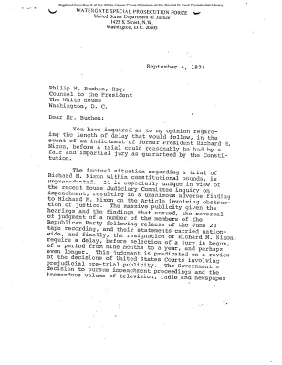 Letter of Leon Jaworski, Special Prosecutor, Watergate Special Prosecution Office, US Department of Justice, to Philip W. Buchen, Counsel to the President, concerning hypothetical Nixon trial