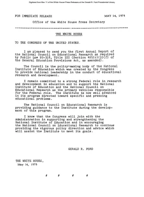 President's Letter to Congress Sending the first Annual Report of the National Council on Educational Research
