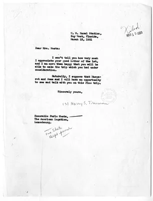 Correspondence Between President Harry S. Truman and Perle Mesta