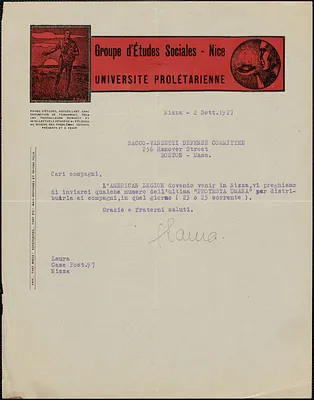 Laura (Groupe d'Études Sociales, Nice) autograph note signed, in Italian, to Sacco-Vanzetti Defense Committee, Nice, France, September 2, 1927