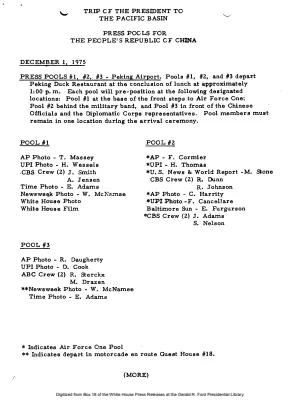 Trip of the President to the Pacific Basin: Press Pool for the People's Republic of China [Pool Assignments]