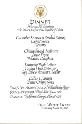 Cards-Menus, Dinner, Honoring His Excellency The Prime Minister of the Republic of Poland, The White House, March 21, 1990