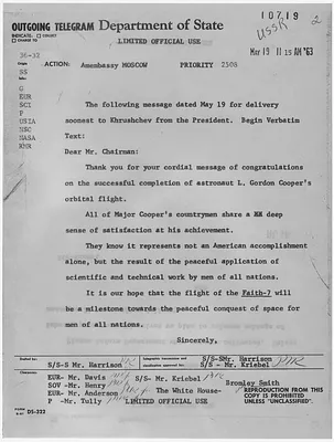 President John F. Kennedy's reply to Soviet Premier Nikita Khrushchev regarding astronaut L. Gordon Cooper