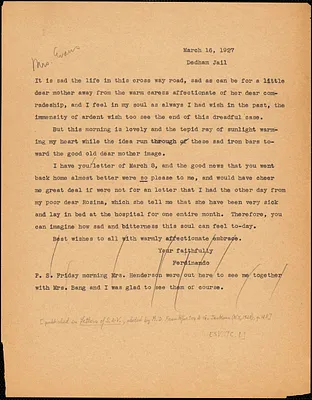 Nicola Sacco typed letter (copy) to Elizabeth Glendower Evans, Dedham, 26 March 1927