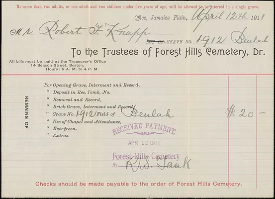 Receipt from Receipt from Forest Hills Cemetery for Robert F. Knapp, April 12, 1911