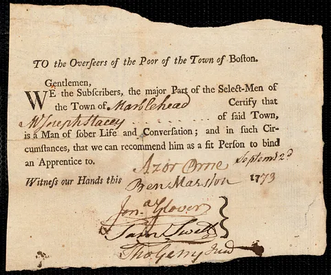 John Wallis Laha indentured to apprentice with Joseph Stacy [Stacey] of Marblehead, 3 September 1773