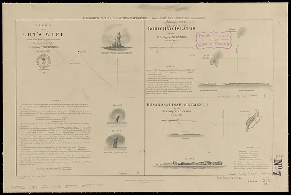 Views of Lot's Wife, taken from Meares' Voyage and from the sketch-book of the U.S. Ship Vincennes, November 1854 ; Borodino Islands by the U.S. Ship Vincennes, October 1854 ; Rosario or Disappointment Id. by the U.S. Ship Vincennes, October 1854