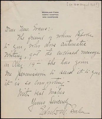 E. M. Baker autograph letter signed to [Elizabeth Glendower] Evans, North Hampton, N. H., approximately [August 15-20, 1927?]