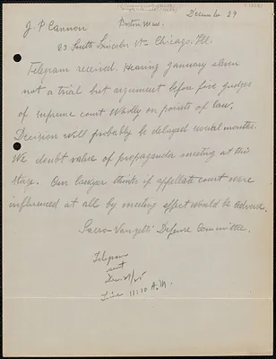 Sacco-Vanzetti Defense Committee autograph telegram (draft) to James P. Cannon (International Labor Defense), Boston, Mass., December 29, 1925