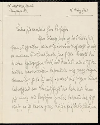 Jacoby, Günther, 1881-1969 autograph letter signed to Hugo Münsterberg, Champaign, Ill., 16 March 1912