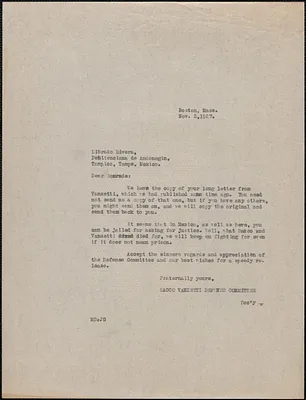 Mary Donovan (Sacco-Vanzetti Defense Committee) typed letter (copy) to Librado Rivera, Boston, Mass., November 2, 1927