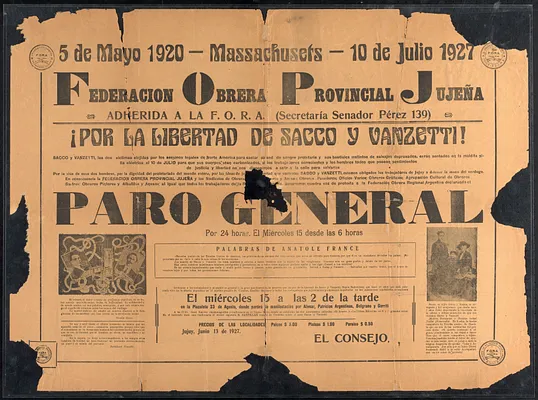 Federación Obrera Provincial Jujeña - por la libertad de Sacco y Vanzetti