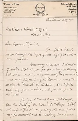Thomas Lees autograph letter signed to Victoria Woodhull Martin, Cleveland, December 25, 1901