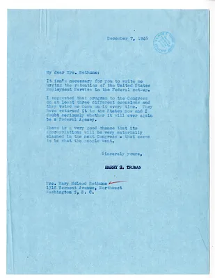 Letter from President Harry S. Truman to Mary McLeod Bethune