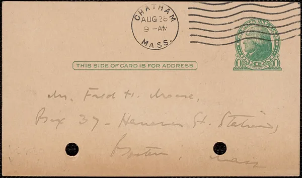 Elizabeth G[lendower] Evans autograph note signed (postcard) to Fred H. Moore, Chatham, Mass., August 28, 1923