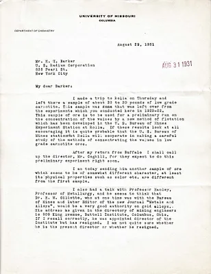 Letters Received to H.H. Barker, August 29, 1931