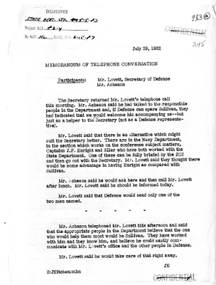 Memorandum of Telephone Conversation with Secretary of State Dean Acheson and Secretary of Defense Robert Lovett