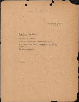 [Eugene Lyons] typed note (copy) to Robert J. Moore, [Boston, Mass.], September 8, 1921