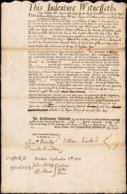 Abigail Cox indentured to apprentice with William Warland of Boston, 6 September 1758