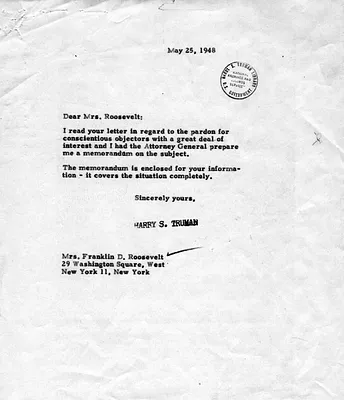 Letter from Harry S. Truman to Eleanor Roosevelt accompanied by a memorandum from Tom C. Clark