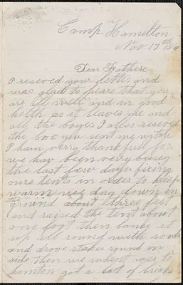 Letter from John Jubb, Camp Hamilton, to Thomas Jubb, West Chelmsford, Mass., November 17, 1861