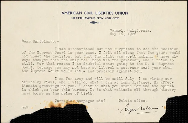 Roger N. Baldwin typed note signed to Bartolomeo Vanzetti, Carmel, Cal., 16 May 1926
