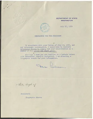 Correspondence Between President Harry S. Truman and Secretary of State Dean Acheson with Attachment