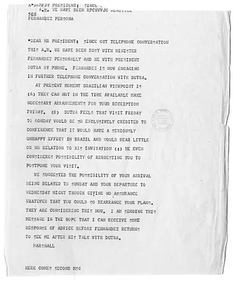 Teletype Message from Secretary of State George Marshall to President Harry S. Truman