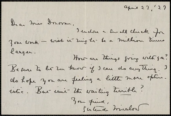 Gertrude L. Winslow autograph note signed to Mary Donovan, [Boston, Mass?], April 27, 1927