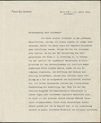 Drechsler, Robert Walter, fl. 1913 typed letter signed to Hugo Münsterberg, Berlin, 11 April 1912