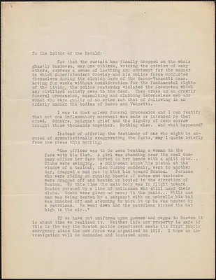 Creighton J. Hill typed letter (copy) to Editor, the [Boston Herald], Boston, Mass., August 29, 1927