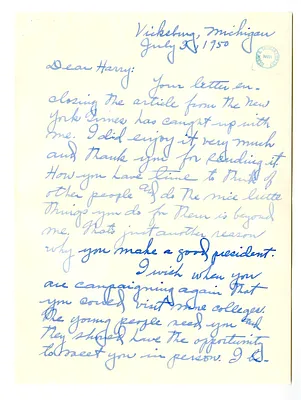 Letter from Mary Romine to Harry S. Truman