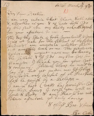 Letter from Rowland Cotton, Salisbury, to Richard Saltonstall, Haverhill, 1696/1697 March 19