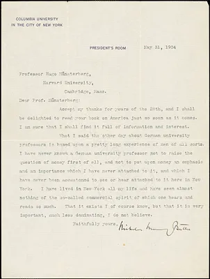 Butler, Nicholas Murray, 1862-1947 typed letter signed to Hugo Münsterberg, New York, 31 May 1904
