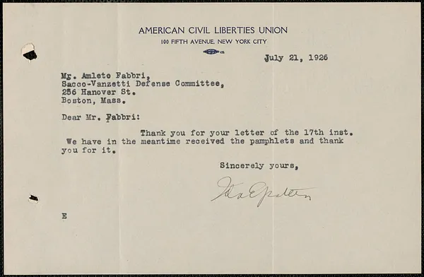 Ida Epstein (American Civil Liberties Union) typed note signed to Amleto Fabbri, New York, N.Y., July 21, 1926