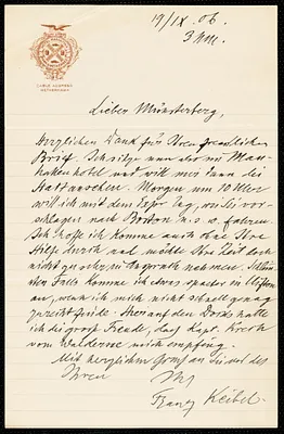 Keibel, Franz, 1861-1929 autograph letter signed to Hugo Münsterberg, New York, 19 September 1906