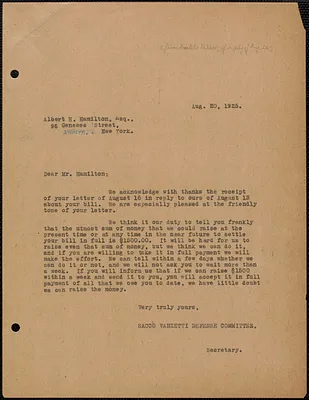 Amleto Fabbri (Sacco-Vanzetti Defense Committee) typed letter (copy) to Albert H. Hamilton, Boston, Mass., August 20, 1925