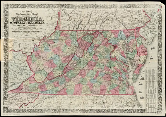 Colton's new topographical map of the states of Virginia, Maryland & Delaware, showing also eastern Tennessee & parts of other adjoining states