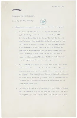 Memorandum from Clark Clifford to President Harry S. Truman regarding the 1948 Campaign