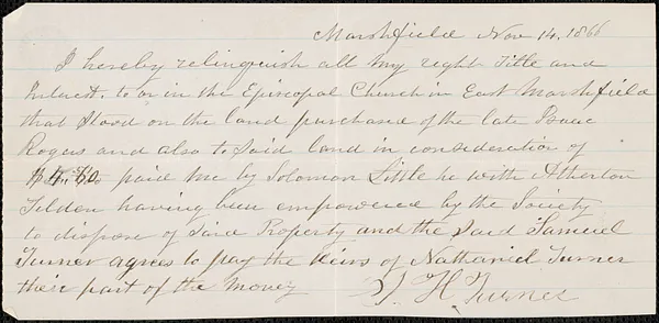 Relinquishment of Nathaniel Turner's title to Trinity Church in Marshfield