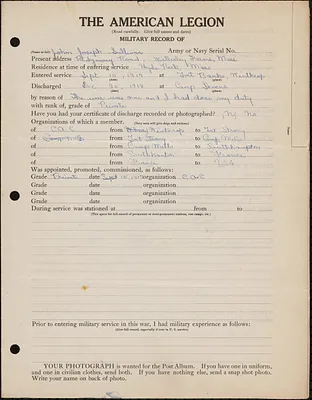 American Legion military record of John Joseph Sullivan